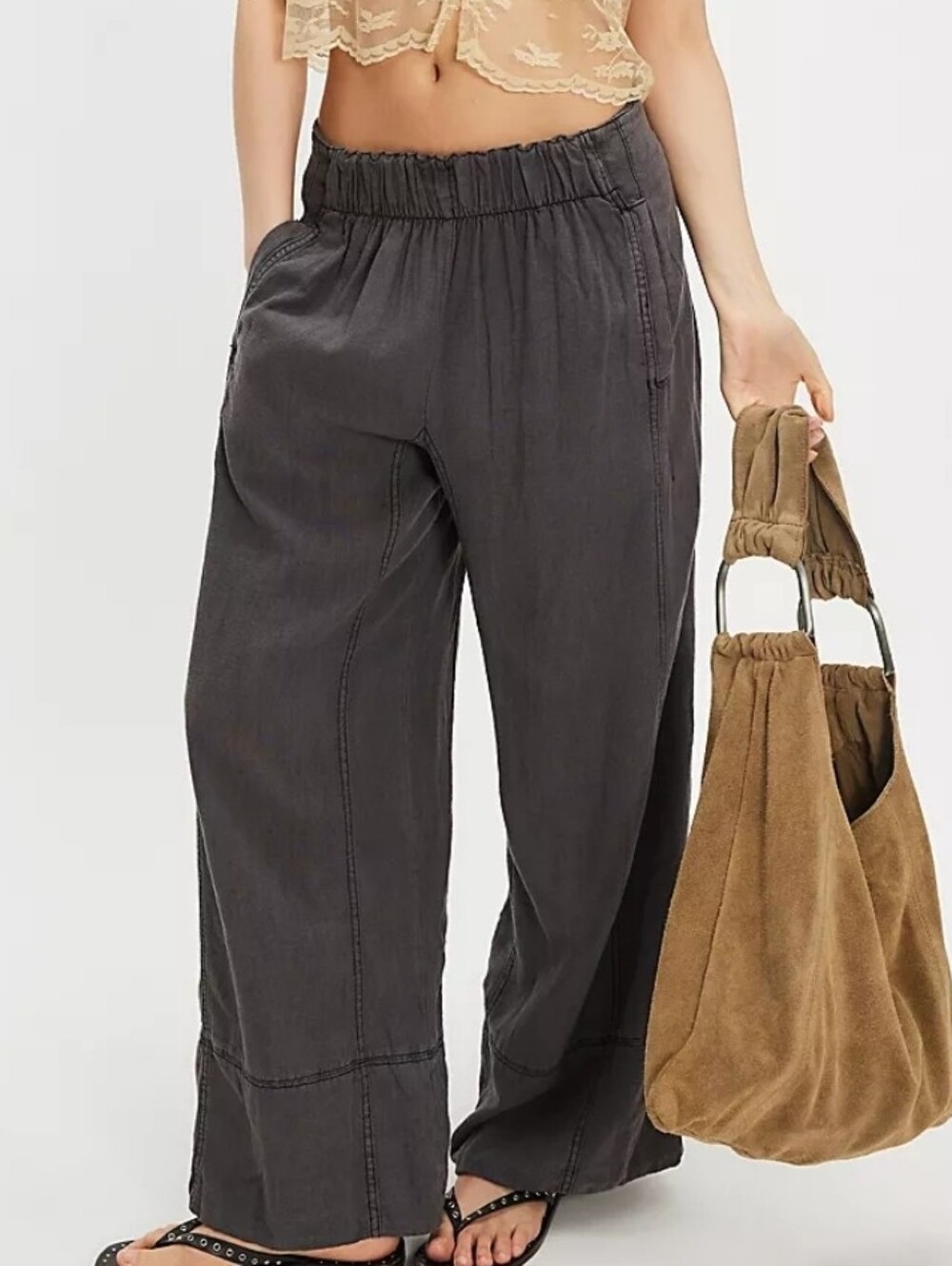 Free People Day's End Linen Pull-On Pants Charcoal